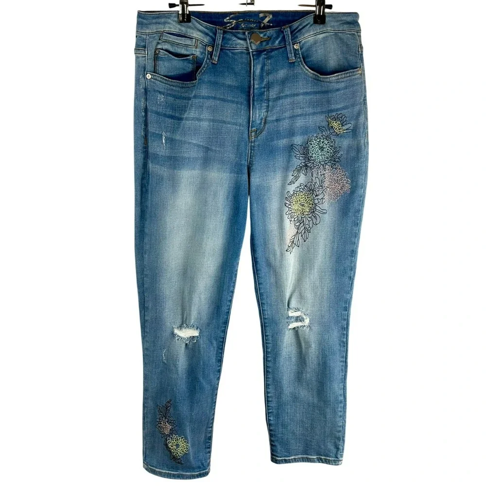 Seven High Rise Stovepipe Straight‎ Denim Jeans Women 32 Blue Embroidery Flowers